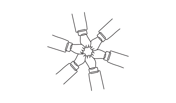 Continuous line drawing of hands coming together for teamwork and unity concept vector illustration
