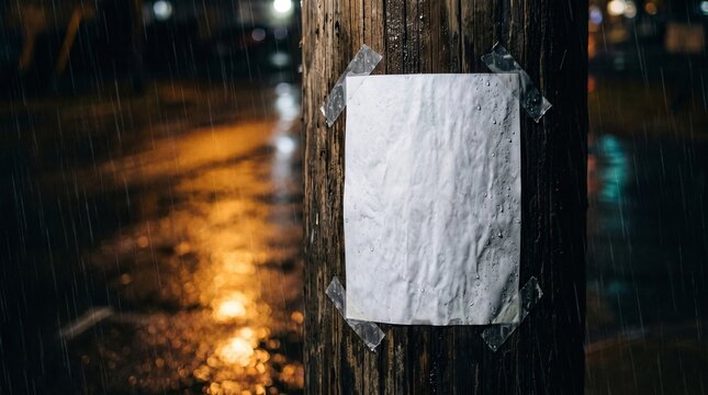Blank paper poster taped on wooden pole at rainy night