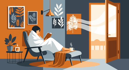 Fototapeta premium A person wrapped in a blanket reads a book in a cozy armchair by a window with sunlight streaming in.