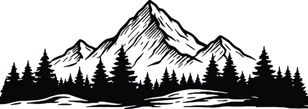 Black and white silhouette of jagged mountains and pine forest landscape peak summit range