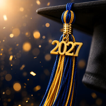 Close up of a graduation cap tassel with 2027 charm against a dark bokeh celebration background