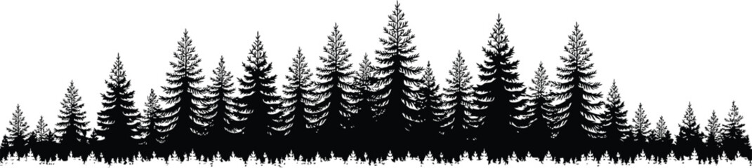 Silhouette of a dense evergreen forest with varied tree heights trees black and white © MD MOZAMMEL HAQUE