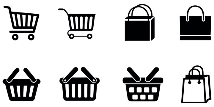 Set of black shopping cart and bag icons for e-commerce and retail website interface design.