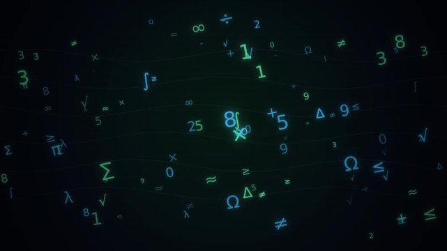 Abstract digital background featuring floating glowing mathematical numbers, symbols, and operators in dark space