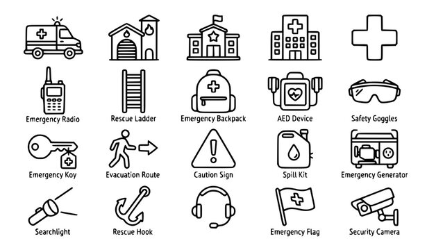 Professional Emergency Safety Outline Icons Vector Set for Healthcare Rescue and Security