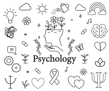 Mental health psychology doodle hand drawn line art brain growth and therapy self care icon