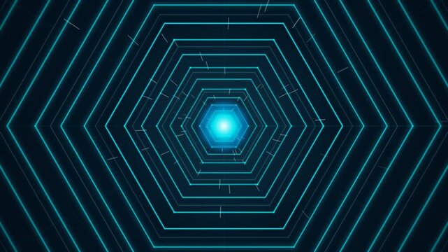 Abstract motion graphic featuring glowing blue hexagonal tunnel with geometric patterns moving forward through digital space representing virtual reality connectivity.
