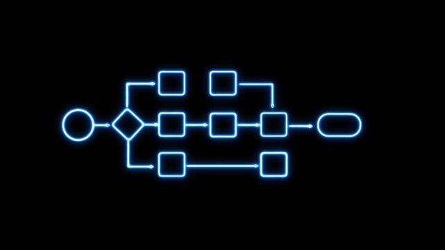 Neon blue flowchart diagram process map animation on black background