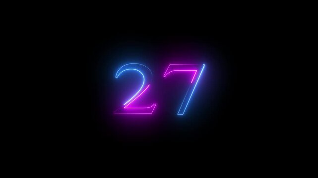 Modern glowing blue and pink neon number 27, Motion graphics of text 27 number icon on a black background 4k video.