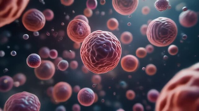Cinematic microscopic view of a growing colony of red stem cells suspended in biological environment