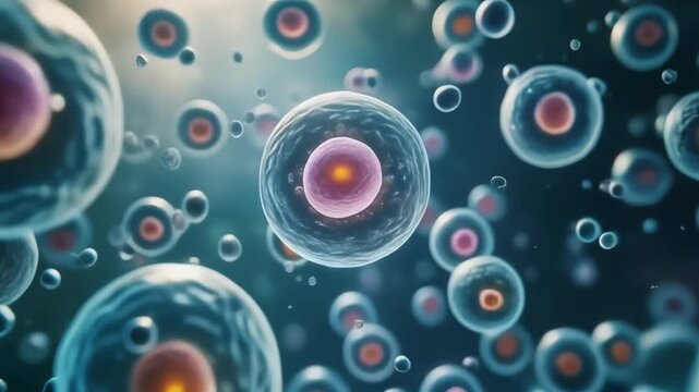 Cinematic microscopic footage of healthy blue stem cells floating through translucent cellular fluid