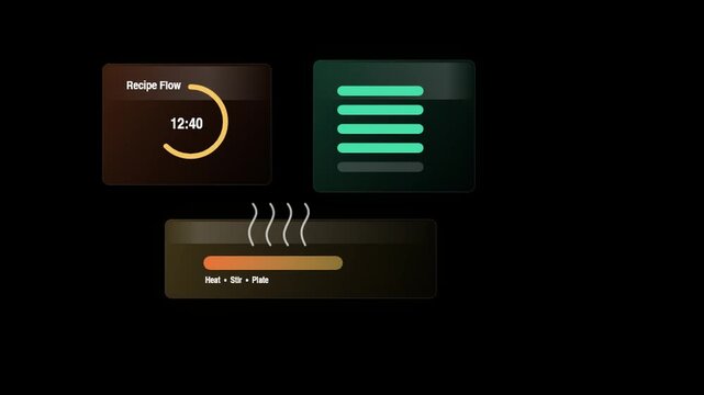 Smart kitchen appliance digital interface with recipe progress timer and temperature controls for automated cooking processes