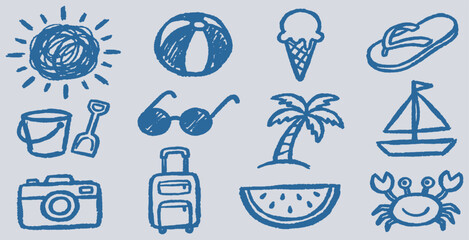 Collection of hand-drawn summer vacation icons in blue ink on a light gray background, perfect for travel and leisure themes. © Riki