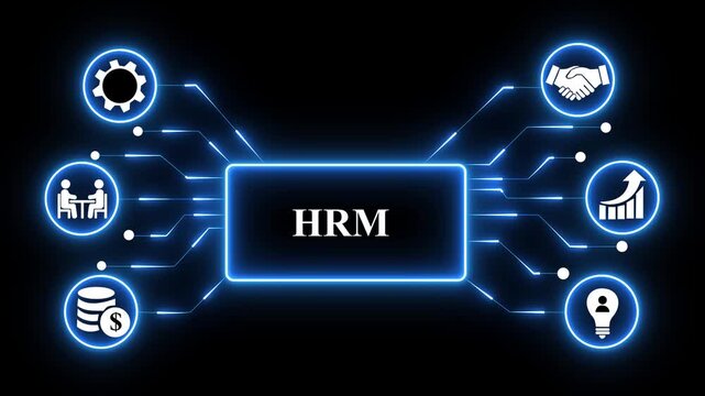 HRM - Human Resource Management concept. blue neon Digital technology background.4k technology animation 4k video.