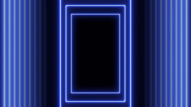 Neon blue glowing rectangular frame with vertical light lines background