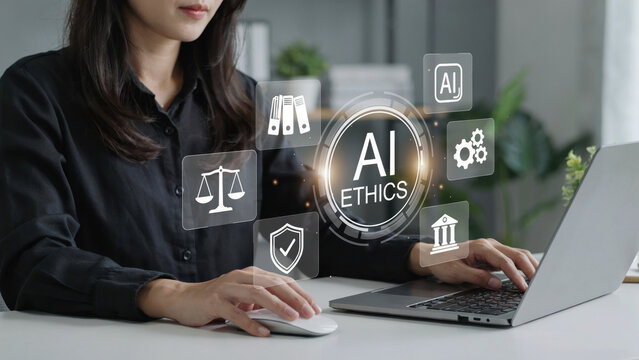 Woman working on laptop with ai ethics and artificial intelligence governance icons and digital interface.