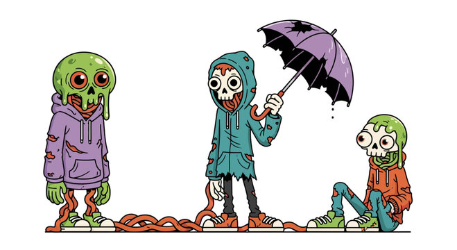 Skeleton Characters in Hoodies with Umbrella Cartoon Illustration
