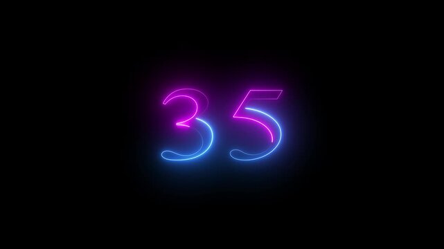 Modern glowing blue and pink neon number 35, Motion graphics of text 35 number icon on a black background 4k video.