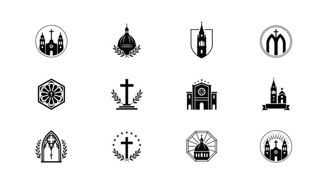 Elegant black and white religious architecture graphic icon collection set with ideal spiritual institutional branding projects religious architectural elements