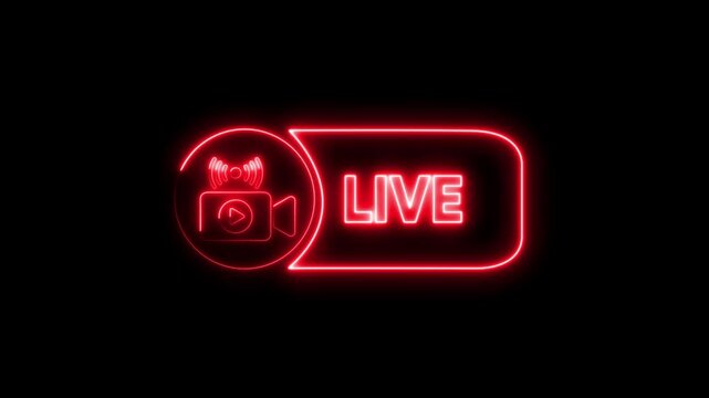Neon red live streaming with camera symbol for digital broadcast and social media