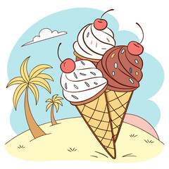 Large ice cream cone with cherries and palm trees in the background cherries background toppings confectionery delicious chocolate refreshing vacation enjoyment happiness relaxation