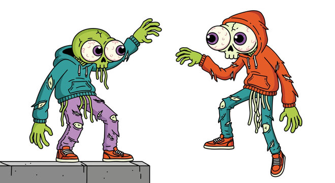 Cartoon Zombie Characters in Streetwear Hoodies and Ripped Jeans