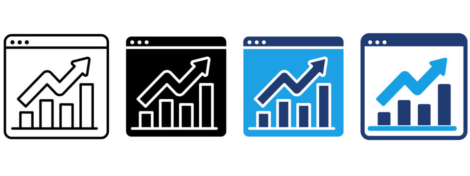 Web analytics dashboard icon with rising trend arrow and bar chart. Symbol of business growth, sales increase, market statistics, website traffic, performance tracking, and financial success.