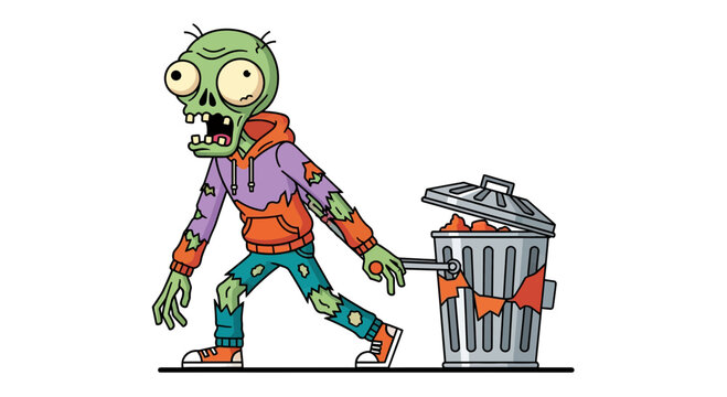 Cartoon Zombie Pulling Metal Trash Can Vector Illustration