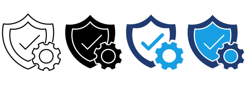 Security settings icon with shield, checkmark, and gear. Symbol of cyber protection, system maintenance, verified safety, policy control, privacy management, data defense, and tech configuration.