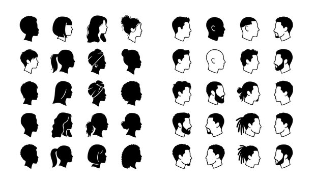 Illustrate a professional vector set of diverse male and female head silhouettes with multiple side-profile angles and unique hairstyles. Feature classic, contemporary, business, and casual appearance