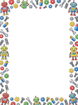 Robot and Tool Border Design: A playful and colorful border featuring cartoon robots, gears, wrenches, and bolts, perfect for invitations, crafts, or themed projects.