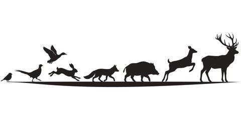 Obraz premium Wild forest animals and game birds vector silhouette line for outdoor hunting