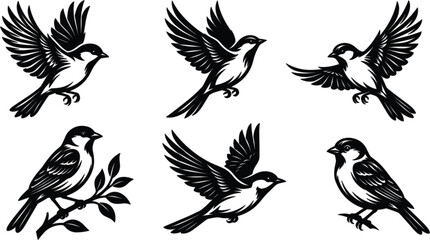 Fototapeta premium Flying bird silhouette vector collection featuring sparrow linocut style graphics for nature logo icon banner tattoo design