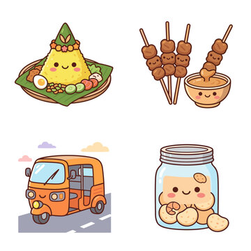 Cute kawaii Indonesian food and transport set with nasi tumpeng yellow rice satay with peanut sauce orange bajaj auto rickshaw and kerupuk crackers in glass jar vector illustration