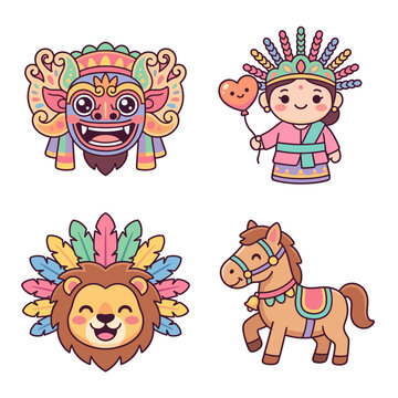 Cute kawaii Indonesian festival culture set with barong mask ondond ondel girl with balloon reog ponorogo lion and kuda lumping horse vector illustration
