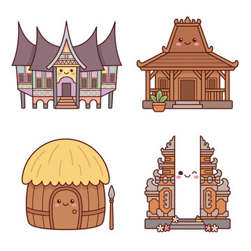 Cute kawaii Indonesian traditional house set with rumah gadang joglo papua honai hut and bali gapura bentar split gate vector illustration