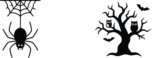 Happy halloween black and white vector icons of spider web and spooky tree with owls, halloween