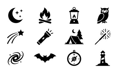 Fototapeta premium Nighttime Icons Set: Moon, Stars, Campfire, Tent, Owl, Bat, Lighthouse, Galaxy, Magic Wand, Compass, Shooting Star, Flashlight, Vector Graphics for Outdoor Adventure and Celestial Themes