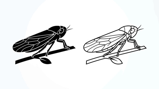 Cicada Insect On Branch Black And White Line Art Illustration