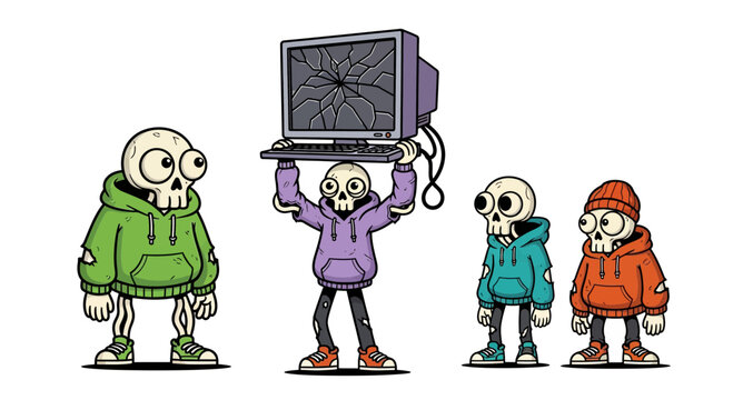 Cartoon skeletons in hoodies with broken computer monitor vector art