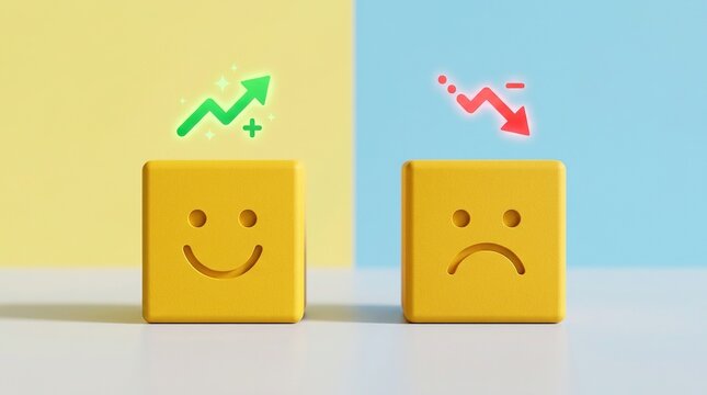 Two yellow blocks representing positive and negative trends with upward green growth arrow and downward red drop arrow against blue and yellow divided background.