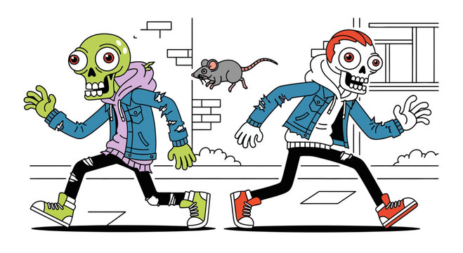 Cartoon Urban Skeletons Running with a Rat in City Street