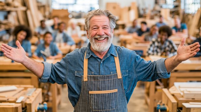 Master woodworker in a welcoming pose with students at workbenches in a workshop behind. Concept of woodworking masterclass.
