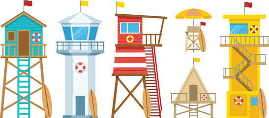 Beach Lifeguard Tower and Watchtower Vector Set with Surfboards, Rescue Buoys, Flags, and Coastal Safety Graphic Design Elements © mstLilima