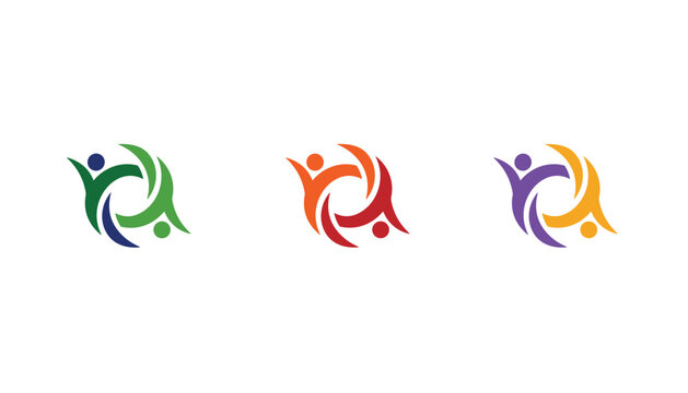 Set of three colorful community logo designs featuring stylized people holding hands in a circular motion, symbolizing unity.