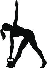 Fototapeta premium Silhouette of a fit woman performs a kettlebell exercise with a dynamic posture against a clean white background in this graphic art production.