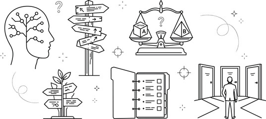 Naklejka premium Business Decision Making and Strategic Planning Line Art Vector Set with Crossroads, Choice Scale, Legal Policy Binder, and Mind Balance Concepts