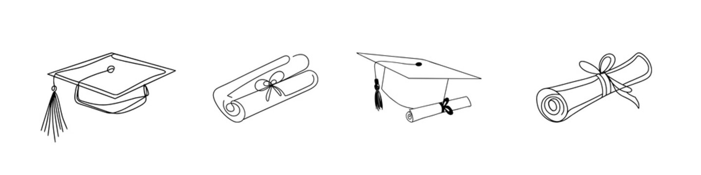 Graduation cap and diploma scroll doodle set, minimalist line art design element, PNG isolated on white background