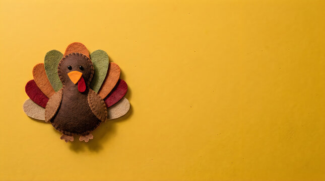 Handmade felt turkey decoration for thanksgiving holiday on a bright yellow background