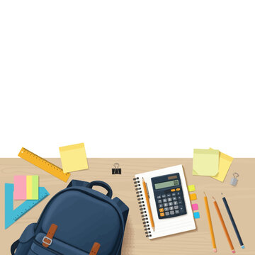 Top view of wooden desk layout with school bag and stationery items for education background